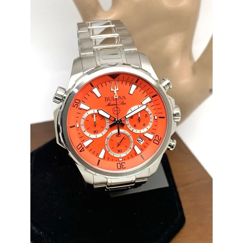 Bulova Men's Watch 96B395 Marine Star Orange Dial Chronograph Silver Steel 43mm